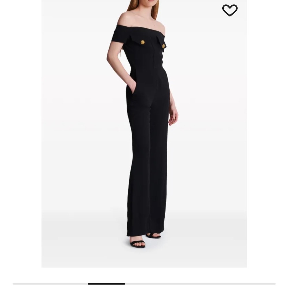 BALMAIN Black Off-Shoulder Jumpsuit with Gold Buttons